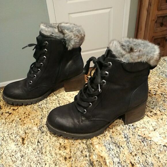 Steve Madden Comfort Faux Fur Trim Lace Up Combat Ankle Boots Bootie Black 9 - Picture 3 of 12